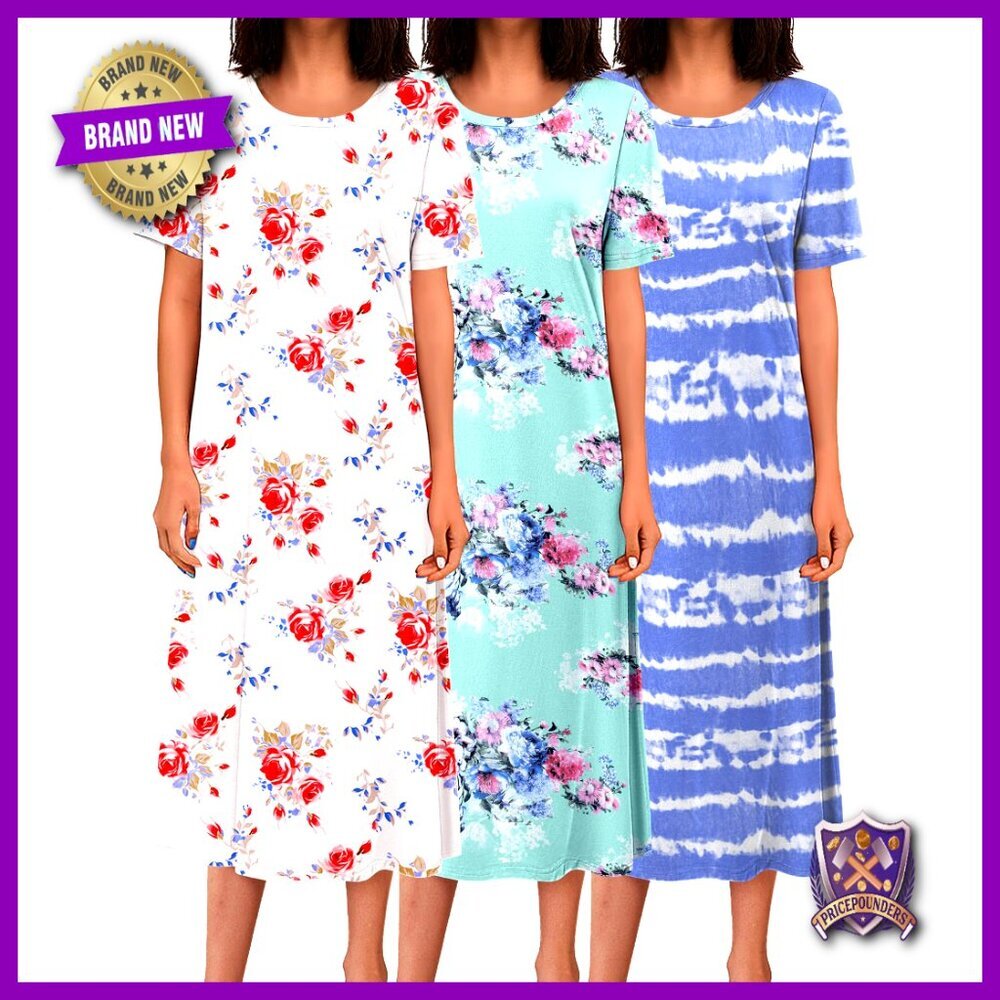 3 Pack Long Nightgowns Full Length Short Sleeve Soft Plus Size Sleepwear